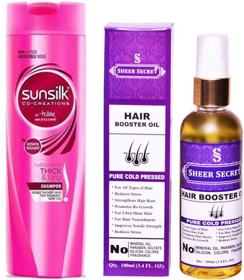 SHEER SECRET HAIR BOOSTER OIL 100ML (PURE COLD PRESSED) and SUNSILK LUSCIOUSLY THICK AND LONG SHAMPOO 340 ML(Set of 2)
SHEER SECRET HAIR BOOSTER OIL 100ML (PURE COLD PRESSED) and SUNSILK LUSCIOUSLY THICK AND LONG SHAMPOO 340 ML(Set of 2)