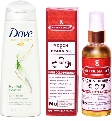 SHEER SECRET MOOCH AND BEARD OIL 100ML (PURE COLD PRESSED) and DOVE 180 ML HAIRFALL RESCUE SHAMPOO(Set of 2)
SHEER SECRET MOOCH AND BEARD OIL 100ML (PURE COLD PRESSED) and DOVE 180 ML HAIRFALL RESCUE SHAMPOO(Set of 2)