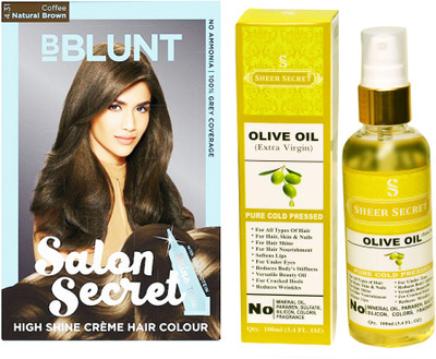 SHEER SECRET OLIVE OIL 100 ML (PURE COLDPRESSED) and SALON SECRET HAIR COLOUR COFFEE NATURAL BROWN NO. 4.31(Set of 2)
SHEER SECRET OLIVE OIL 100 ML (PURE COLDPRESSED) and SALON SECRET HAIR COLOUR COFFEE NATURAL BROWN NO. 4.31(Set of 2)