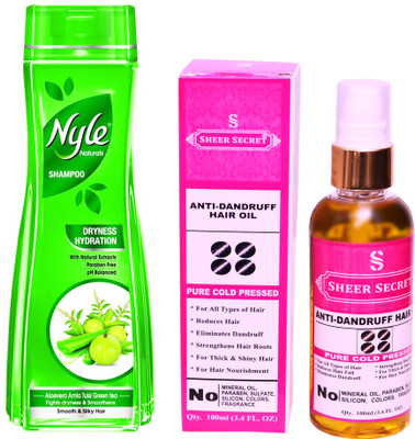 SHEER SECRET ANTI DANDRUFF OIL 100ML (PURE COLD PRESSED) and NYLE 400 ML DRYNESS HYDRATION SHAMPOO(Set of 2)
SHEER SECRET ANTI DANDRUFF OIL 100ML (PURE COLD PRESSED) and NYLE 400 ML DRYNESS HYDRATION SHAMPOO(Set of 2)