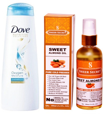 SHEER SECRET SWEET ALMOND OIL 100ML (PURE COLD PRESSED) and 180 ML OXYGEN MOISTURE SHAMPOO(Set of 2)
SHEER SECRET SWEET ALMOND OIL 100ML (PURE COLD PRESSED) and 180 ML OXYGEN MOISTURE SHAMPOO(Set of 2)