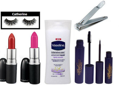 catherine eyelashes, Mac padma eyeliner and mascara, finish matte lipstick pack of 2, vaseline intensive care advanced repair body lotion with nail cutter(Set of 7)
catherine eyelashes, Mac padma eyeliner and mascara, finish matte lipstick pack of 2, vaseline intensive care advanced repair body lotion with nail cutter(Set of 7)