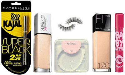 power point silicone puff, maybelline colossal super black kajal,superstay 24h full coverage foundation & fit me 120 foundation and candy wow cherry lip balm, eyelashes(Set of 6)
power point silicone puff, maybelline colossal super black kajal,superstay 24h full coverage foundation & fit me 120 foundation and candy wow cherry lip balm, eyelashes(Set of 6)