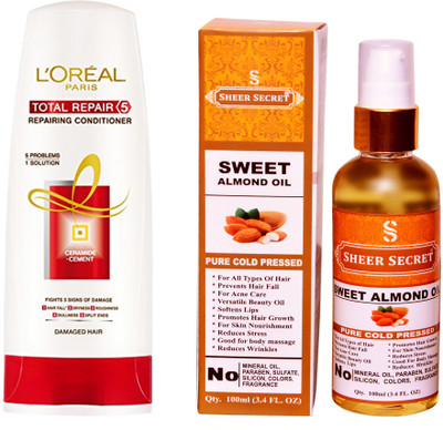 SHEER SECRET SWEET ALMOND OIL 100 ML (PURE COLDPRESSED) and LOREAL CONDITIONER TOTAL REPAIR 5 175ML(Set of 2)
SHEER SECRET SWEET ALMOND OIL 100 ML (PURE COLDPRESSED) and LOREAL CONDITIONER TOTAL REPAIR 5 175ML(Set of 2)