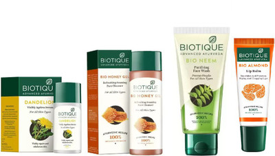 BIOTIQUE BIO Dandelion Ageless Lightening Serum, Honey Gel Refreshing Foaming Face cleanser , Neem Purifying Face Wash, LIP CARE(Set of 4)