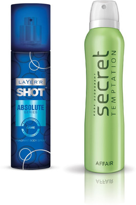 Layer Shot Absolute GAME 1pc. & S. Temptation AFFAIR 1pc. Pack of 2 Deodorant Spray - For Men & Women(285 ml, Pack of 2)
Layer Shot Absolute GAME 1pc. & S. Temptation AFFAIR 1pc. Pack of 2 Deodorant Spray - For Men & Women(285 ml, Pack of 2)