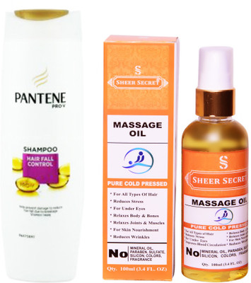 SHEER SECRET MASSAGE OIL 100ML (PURE COLD PRESSED) and PANTENE HAIR FALL CONTROL SHAMPOO 340 ML(Set of 2)
SHEER SECRET MASSAGE OIL 100ML (PURE COLD PRESSED) and PANTENE HAIR FALL CONTROL SHAMPOO 340 ML(Set of 2)