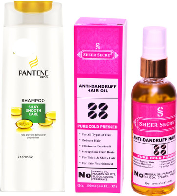 SHEER SECRET ANTI DANDRUFF OIL 100ML (PURE COLD PRESSED) and PANTENE SILKY SMOOTH CARE SHAMPOO 340 ML(Set of 2)