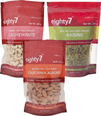 Eighty7 California Almonds(250g), Cashews(250g) and Raisins(250g) Combo(750 g, Pouch)
Eighty7 California Almonds(250g), Cashews(250g) and Raisins(250g) Combo(750 g, Pouch)