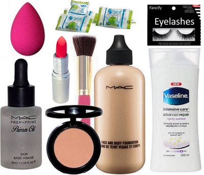 fancify eyelashes with Mac face and body foundation, prep+prime primer oil, star trik blusher, mariah carey lipstick, vaseline intensive care advanced repair body lotion with makeup brush and sponge puff, magic napkin(Set of 12)
fancify eyelashes with Mac face and body foundation, prep+prime primer oil, star trik blusher, mariah carey lipstick, vaseline intensive care advanced repair body lotion with makeup brush and sponge puff, magic napkin(Set of 12)