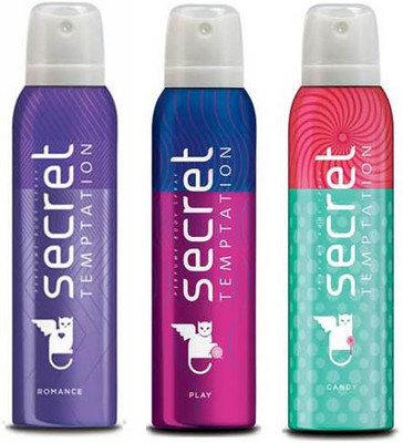 Secret Temptation Candy, Play and Romance Deodorant Spray - For Women(450 ml, Pack of 3)
