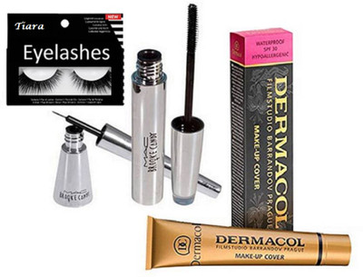 tiara Eyelashes, Eyeliner & Mascara, Flimstudio Makeup Cover Foundation(Set of 4)
