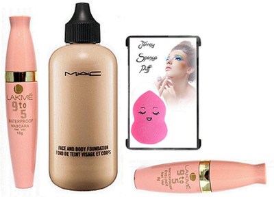 jenney Sponge Puff, Mac Face And Body Foundation, 9to5 waterproof Eyeliner & Mascara(Set of 4)