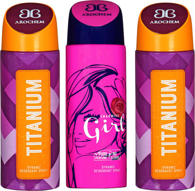 arochem TITANIUM & GIRL DYNAMIC DEODORANT SPRAY Body Spray - For Men & Women(600 ml, Pack of 3)
arochem TITANIUM & GIRL DYNAMIC DEODORANT SPRAY Body Spray - For Men & Women(600 ml, Pack of 3)