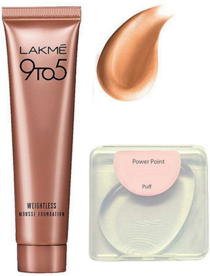 power point silicon puff, lakme 9 to 5 weightless mousse foundation(Set of 2)