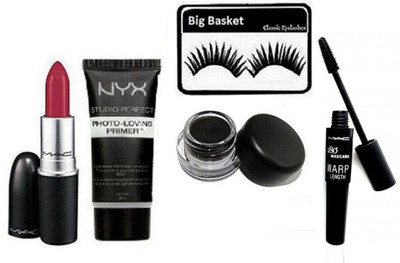 big basket Eyelashes & Mac Ruby Woo Lipstick, Nyx primer, Gel Eyeliner , Mascara(Set of 5)
big basket Eyelashes & Mac Ruby Woo Lipstick, Nyx primer, Gel Eyeliner , Mascara(Set of 5)