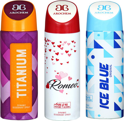 arochem TITANIUM & ROMEO & ICE BLUE DYNAMIC DEODORANT SPRAY Body Spray - For Men & Women(600 ml, Pack of 3)
arochem TITANIUM & ROMEO & ICE BLUE DYNAMIC DEODORANT SPRAY Body Spray - For Men & Women(600 ml, Pack of 3)