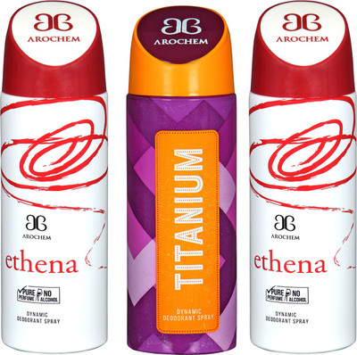 arochem ETHENA & TITANIUM DYNAMIC DEODORANT SPRAY Body Spray - For Men & Women(600 ml, Pack of 3)
arochem ETHENA & TITANIUM DYNAMIC DEODORANT SPRAY Body Spray - For Men & Women(600 ml, Pack of 3)