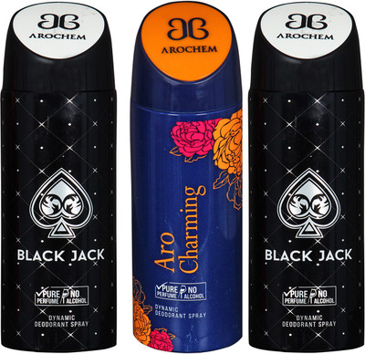 arochem BLACK JACK & ARO CHARMING DYNAMIC DEODORANT SPRAY Body Spray - For Men & Women(600 ml, Pack of 3)
arochem BLACK JACK & ARO CHARMING DYNAMIC DEODORANT SPRAY Body Spray - For Men & Women(600 ml, Pack of 3)