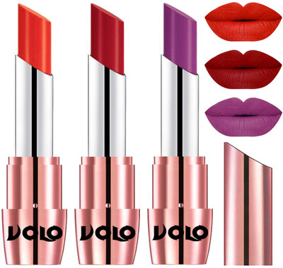 Volo Perfect Creamy with Matte Lipsticks Combo, Lip Gifts to love(Coral, Tomato Red, Purple)