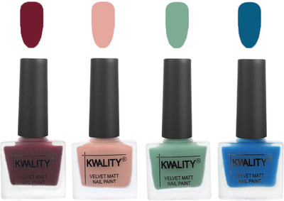 Kwality Velvet Dull Matte Nail Polish Maroon,Salmon Pink,Mischievous Mint,Peacock Blue(Pack of 4)
Kwality Velvet Dull Matte Nail Polish Maroon,Salmon Pink,Mischievous Mint,Peacock Blue(Pack of 4)