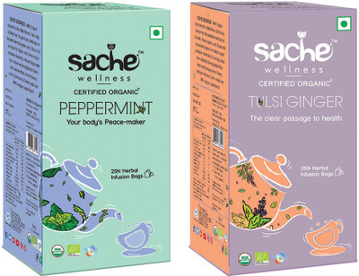Sache Wellness Peppermint & Tulsi, Ginger Herbal Tea Bags(25 Bags, Box)