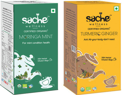 Sache Wellness Moringa Mint & Turmeric Ginger Herbal Tea Bags(25 Bags, Box)