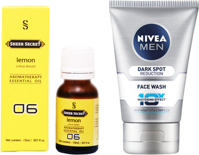 SHEER SECRET LEMON ESSENTIAL OIL 15 ML and NIVEA DARK SPOT REDUCTION FACE WASH 100 ML(Set of 2)
SHEER SECRET LEMON ESSENTIAL OIL 15 ML and NIVEA DARK SPOT REDUCTION FACE WASH 100 ML(Set of 2)