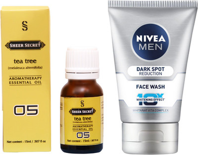SHEER SECRET TEA TREE ESSENTIAL OIL 15 ML and NIVEA DARK SPOT REDUCTION FACE WASH 100 ML(Set of 2)
SHEER SECRET TEA TREE ESSENTIAL OIL 15 ML and NIVEA DARK SPOT REDUCTION FACE WASH 100 ML(Set of 2)