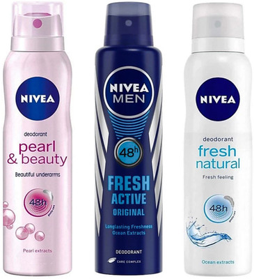 Nivea PEARL AND BEAUTY DEO + FRESH ACTIVE DEO + FRESH NATURAL DEO Perfume Body Spray - For Men & Women(450 ml, Pack of 3)
Nivea PEARL AND BEAUTY DEO + FRESH ACTIVE DEO + FRESH NATURAL DEO Perfume Body Spray - For Men & Women(450 ml, Pack of 3)