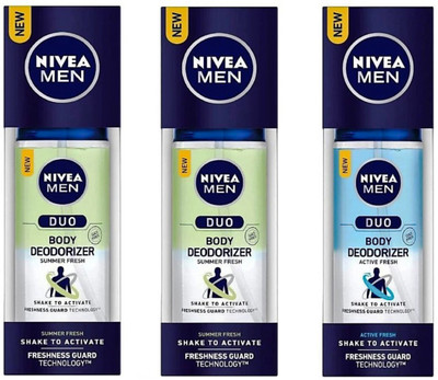 Nivea Men DUO BODY DEODORIZER SUMMER FRESH + DUO BODY DEODORIZER ACTIVE FRESH + DUO BODY DEODORIZER ACTIVE FRESH Perfume Body Spray - For Men(300 ml, Pack of 3)
Nivea Men DUO BODY DEODORIZER SUMMER FRESH + DUO BODY DEODORIZER ACTIVE FRESH + DUO BODY DEODORIZER ACTIVE FRESH Perfume Body Spray - For Men(300 ml, Pack of 3)
