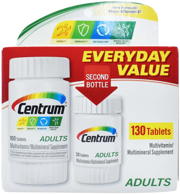 Centrum Multivitamin Supplement Everyday Value, Adults - 130 Tablets (100+30)(100 mg)
Centrum Multivitamin Supplement Everyday Value, Adults - 130 Tablets (100+30)(100 mg)