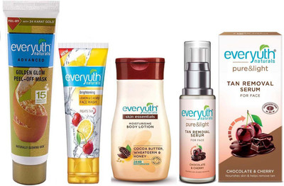 Everyuth Naturals Skin Essentials Moisturising Body Lotion Cocoa Butter Wheatgerm & Honey 90g, Pure & Light TAN REMOVAL SERUM 30ml, Golden Glow Peel-Off Mask 90g & Lemon Cherry Face Wash 50g(Set of 4)
Everyuth Naturals Skin Essentials Moisturising Body Lotion Cocoa Butter Wheatgerm & Honey 90g, Pure & Light TAN REMOVAL SERUM 30ml, Golden Glow Peel-Off Mask 90g & Lemon Cherry Face Wash 50g(Set of 4)