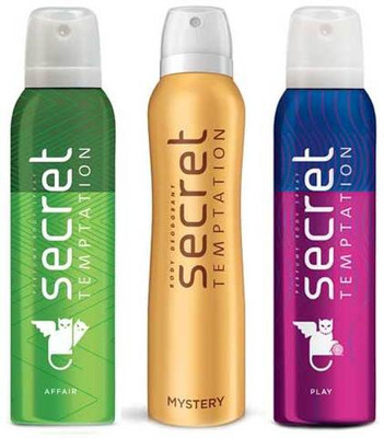 Secret Temptation Affair, Mystery and Play 150 ML each Deodorant Spray - For Women(450 ml, Pack of 3)
Secret Temptation Affair, Mystery and Play 150 ML each Deodorant Spray - For Women(450 ml, Pack of 3)