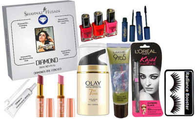 radiance booster Eyelashes & Nail Paint (Pack of 3) & Padma Eyeliner+Mascara & Eyelashes Glue & Olay Anti Ageing Day Cream & Shahnaz Husain Dimond Plus Facial Kit & Lakme 9 to 5 lpstick (Pack Of 2) & Infallible Primer & Loreal Superme Black Kajal(Set of 1
radiance booster Eyelashes & Nail Paint (Pack of 3) & Padma Eyeliner+Mascara & Eyelashes Glue & Olay Anti Ageing Day Cream & Shahnaz Husain Dimond Plus Facial Kit & Lakme 9 to 5 lpstick (Pack Of 2) & Infallible Primer & Loreal Superme Black Kajal(Set of 1