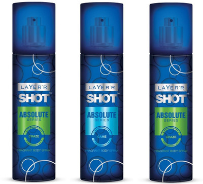 Layer'r Shot Absolute Series Craze 2 pcs. & Game 1 pc. Pack of 3 Fragrant Body Spray - For Men(405 ml, Pack of 3)
Layer'r Shot Absolute Series Craze 2 pcs. & Game 1 pc. Pack of 3 Fragrant Body Spray - For Men(405 ml, Pack of 3)