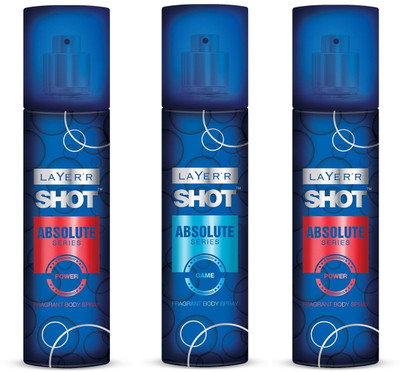 Layer'r Shot Absolute Series Power 2 pcs. & Game 1 pc. Pack of 3 Fragrant Body Spray - For Men(405 ml, Pack of 3)
Layer'r Shot Absolute Series Power 2 pcs. & Game 1 pc. Pack of 3 Fragrant Body Spray - For Men(405 ml, Pack of 3)
