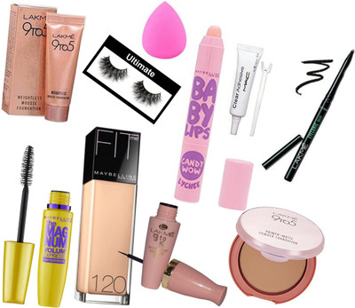 Ultimate Eyelashes,Lakme 9 to 5 Primer matte compact , Eyeliner , Weightless mousse foundation, Sponge puff, Eyelashes Glue , Eyeconic kajal, Maybeillene New york Baby lip blam , Fit me foundation , The magnum Mascara(Set of 10)
Ultimate Eyelashes,Lakme 9 to 5 Primer matte compact , Eyeliner , Weightless mousse foundation, Sponge puff, Eyelashes Glue , Eyeconic kajal, Maybeillene New york Baby lip blam , Fit me foundation , The magnum Mascara(Set of 10)