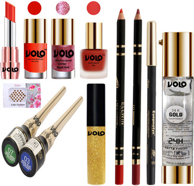 Volo Premium Quality Makeup Set(Primer,Lipstick,Bindi,Lipliner,Shine-Glitter & Matte Nail Polish,Eyeliner,Kajal and Glitter Eyeliner)(Set of 12)
Volo Premium Quality Makeup Set(Primer,Lipstick,Bindi,Lipliner,Shine-Glitter & Matte Nail Polish,Eyeliner,Kajal and Glitter Eyeliner)(Set of 12)