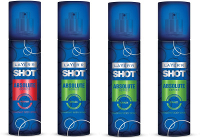 Layer'r Shot Absolute Series Power 1 pc. & Craze 3 pc. Pack of 4 Fragrant Body Spray - For Men(540 ml, Pack of 4)
Layer'r Shot Absolute Series Power 1 pc. & Craze 3 pc. Pack of 4 Fragrant Body Spray - For Men(540 ml, Pack of 4)