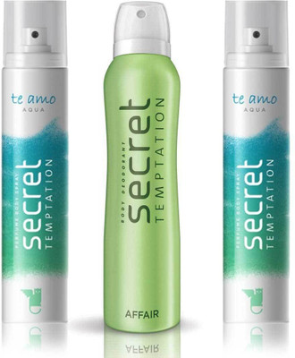 Secret Temptation 2 Te Amo Aqua and Affair Body Mist - For Women(390 ml, Pack of 3)
Secret Temptation 2 Te Amo Aqua and Affair Body Mist - For Women(390 ml, Pack of 3)