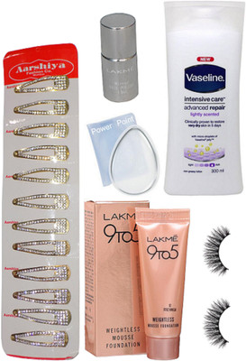 POWER POINT silicon puff, Lakme 9to5 mousse foundation, mirror nail polish, vaseline intensive care advanced repair, eyelashes & hair clip(Set of 6)
POWER POINT silicon puff, Lakme 9to5 mousse foundation, mirror nail polish, vaseline intensive care advanced repair, eyelashes & hair clip(Set of 6)