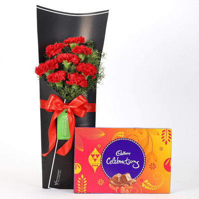 Ferns N Petals 8 Red Carnations Bouquet & Celebrations Box Combo(550gms)