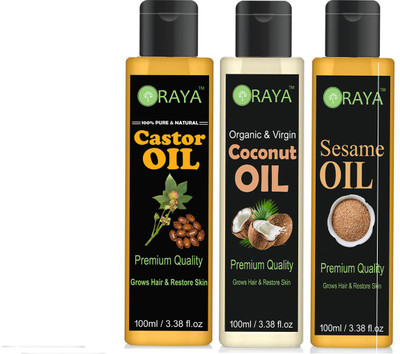 ORAYA 100% Organic Premium Sesame oil, Virgin coconut oil and Castor oil combo of 3 bottles of 100 ml(300 ml) (300 ml) Hair Oil(300 ml)
ORAYA 100% Organic Premium Sesame oil, Virgin coconut oil and Castor oil combo of 3 bottles of 100 ml(300 ml) (300 ml) Hair Oil(300 ml)