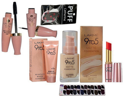 catherine Eyelashes, Lakme 9to5 Eyeliner, Mascara, Mousse & Matte Foundation, Lipstick With Hair Clips(Set of 7) 
catherine Eyelashes, Lakme 9to5 Eyeliner, Mascara, Mousse & Matte Foundation, Lipstick With Hair Clips(Set of 7)