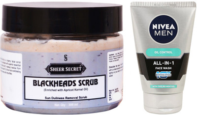 Sheer Secret Blackheads Scrub 300ml and Nivea Men All In 1 Face Wash 100ml(Set of 2)
