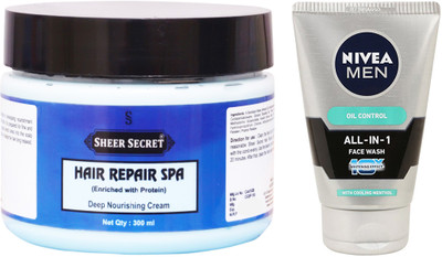 Sheer Secret Hair Repair Spa 300ml and Nivea Men All In 1 Face Wash 100ml(Set of 2) 
Sheer Secret Hair Repair Spa 300ml and Nivea Men All In 1 Face Wash 100ml(Set of 2)