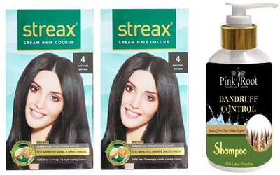 Pink Root Dandruff Control Shampoo with Streax 2 Pcs 4 Natural Brown Cream Hair Color(Set of 3)