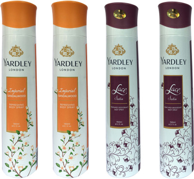 Yardley London Lace satin and Imperial sandalwood (pack of 4) Perfume Body Spray - For Women(150 ml, Pack of 4)
Yardley London Lace satin and Imperial sandalwood (pack of 4) Perfume Body Spray - For Women(150 ml, Pack of 4)