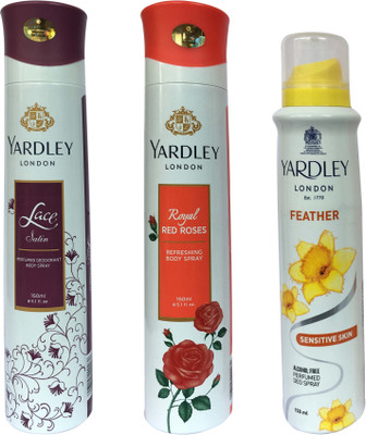 Yardley London Lace Satin, Royal Red Roses and feather(pack of 3) Body Spray - For Women(150 ml, Pack of 3)
Yardley London Lace Satin, Royal Red Roses and feather(pack of 3) Body Spray - For Women(150 ml, Pack of 3)